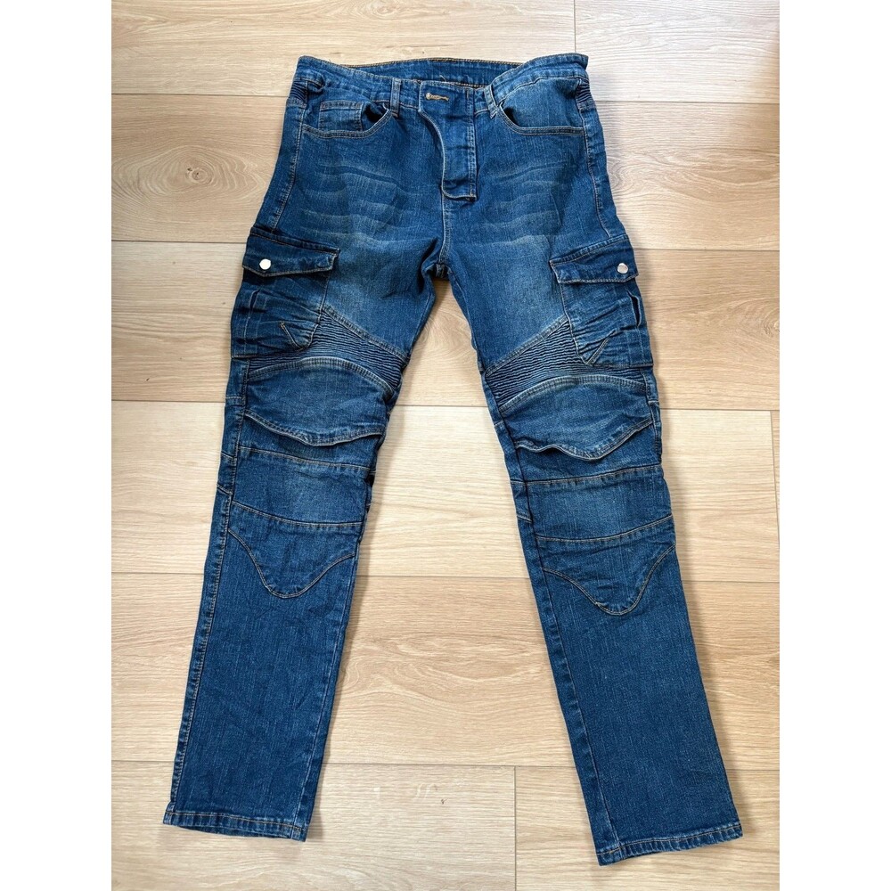NBT CLOTHING Men's Biker Moto Jeans Blue Denim Cargo Slim Fit XL Ribbed Panels